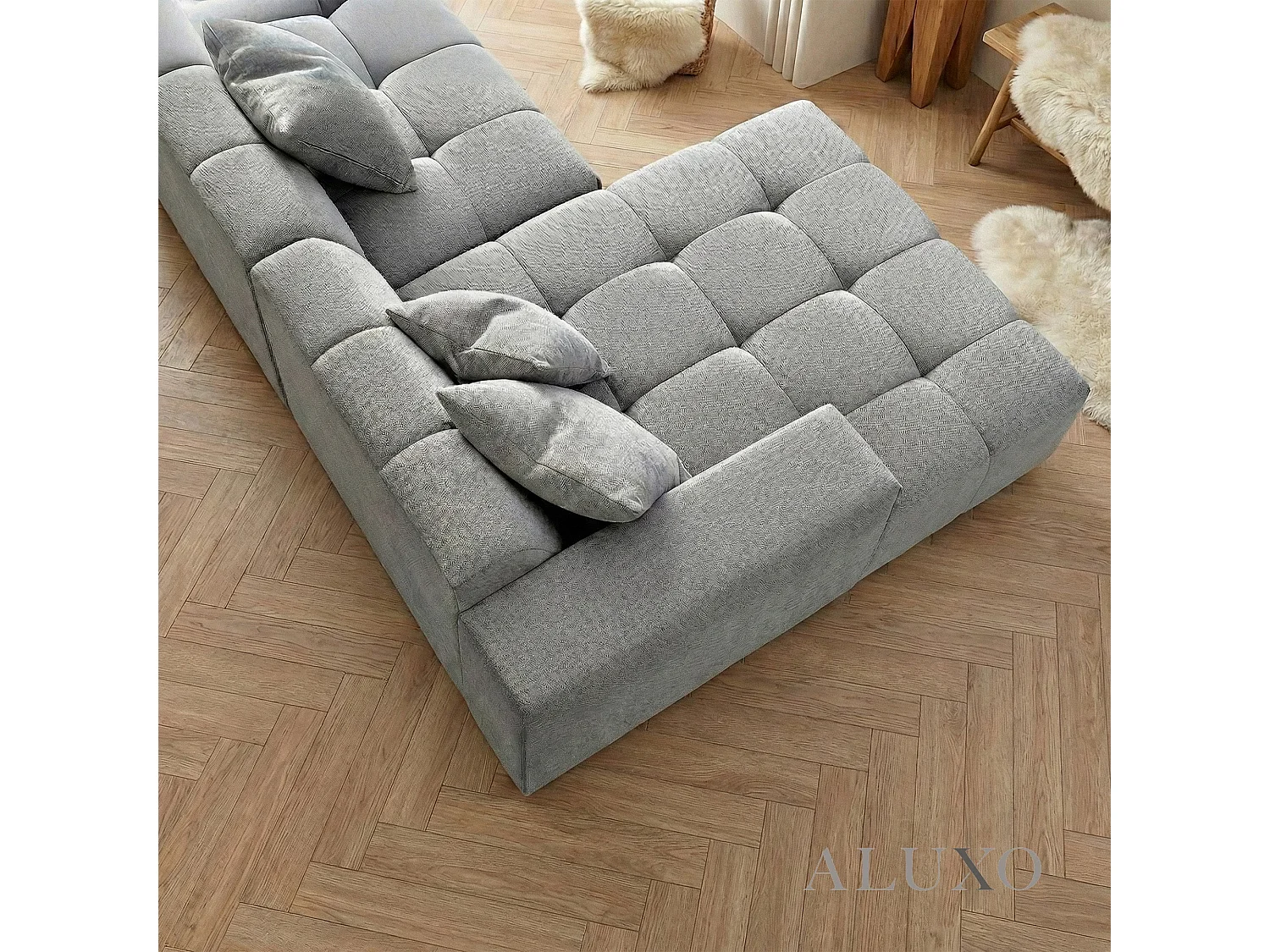 ALUXO Leonard Boucle Left Hand Corner Sofa LHF L Shape Cloudy Grey Medium Block