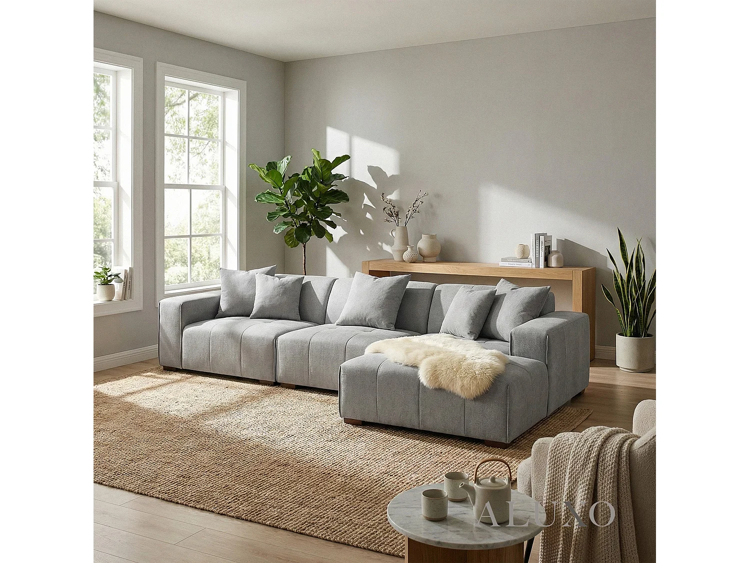 ALUXO Leonard Boucle Right Hand Facing Corner Sofa RHF Cloudy Grey Medium Block