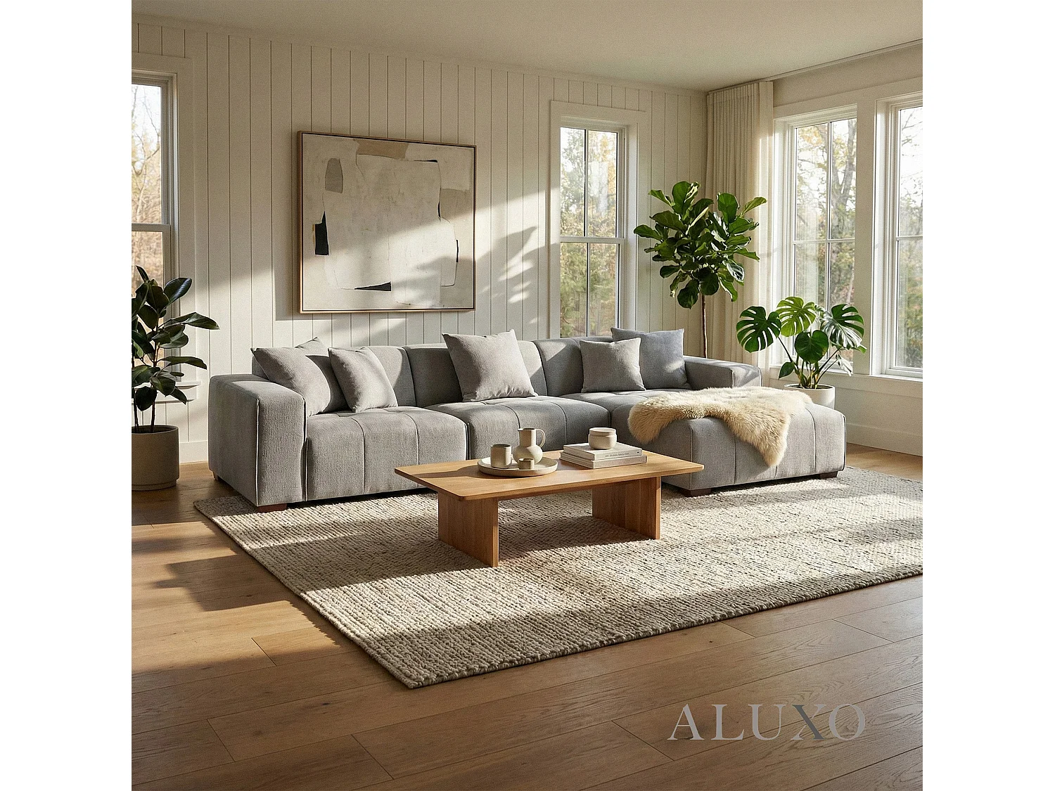 ALUXO Leonard Boucle Right Hand Facing Corner Sofa RHF Cloudy Grey Medium Block