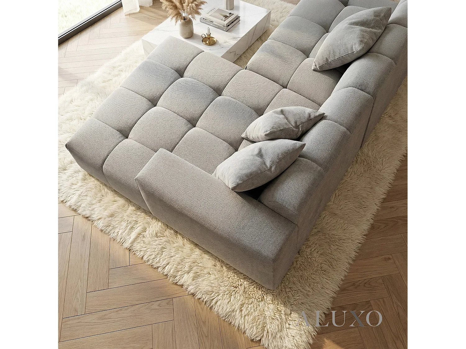 ALUXO Leonard Boucle Right Hand Facing Corner Sofa RHF Cloudy Grey Medium Block