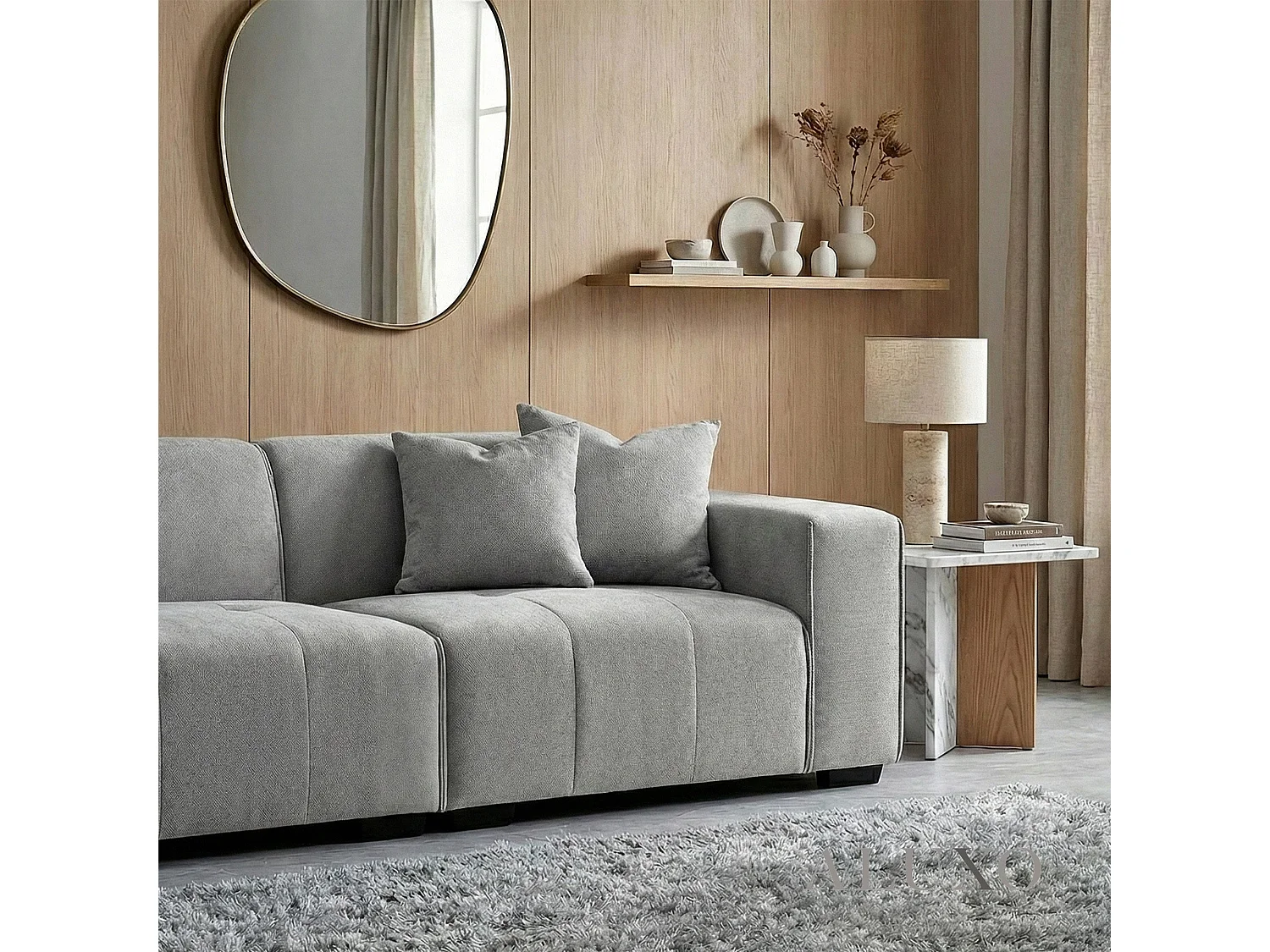 ALUXO Leonard Boucle Right Hand Facing Corner Sofa RHF Cloudy Grey Medium Block