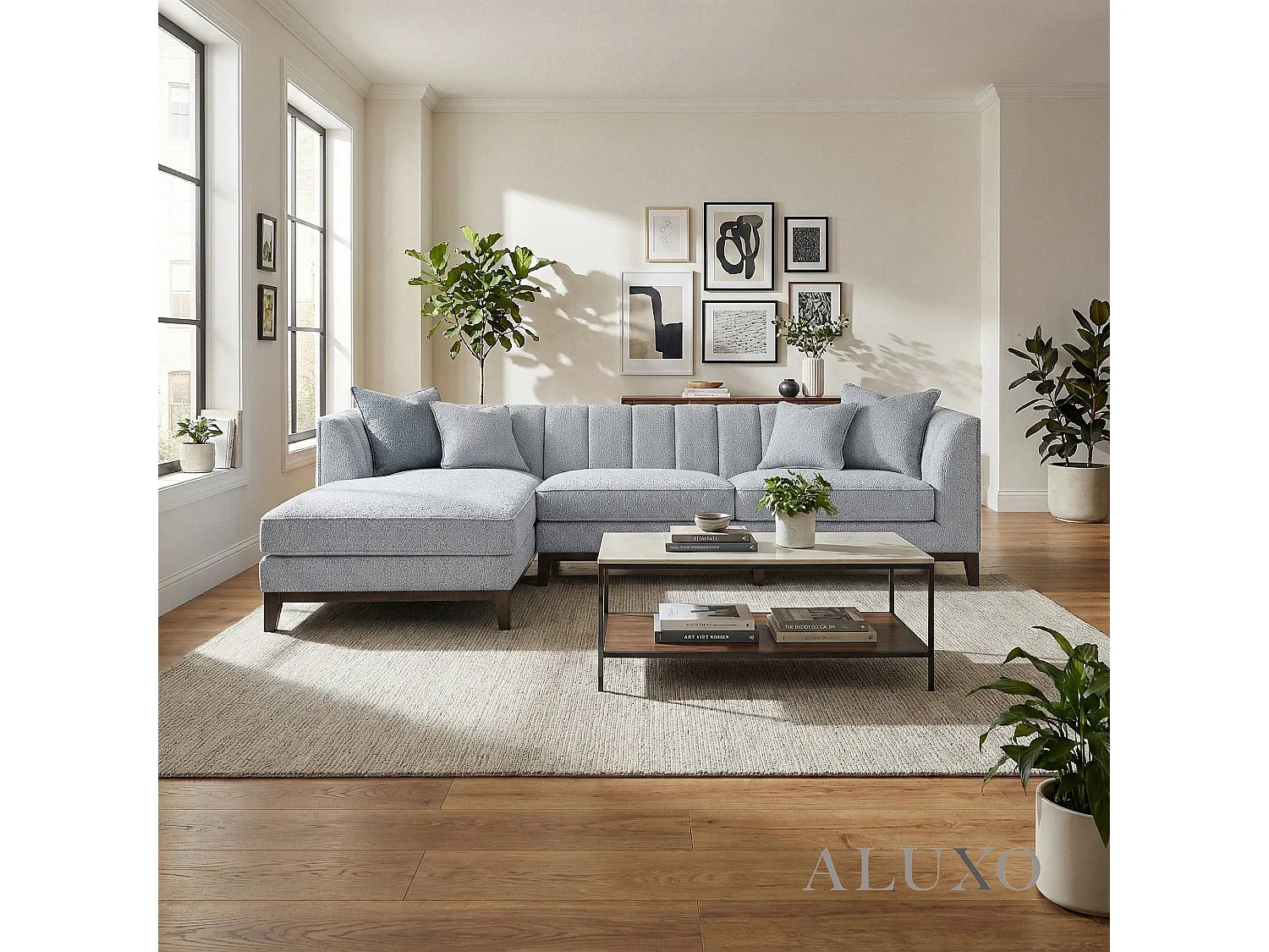ALUXO Cooper Boucle Left Hand Corner Sofa LHF 5 Seater Dolphin Grey Medium Firm