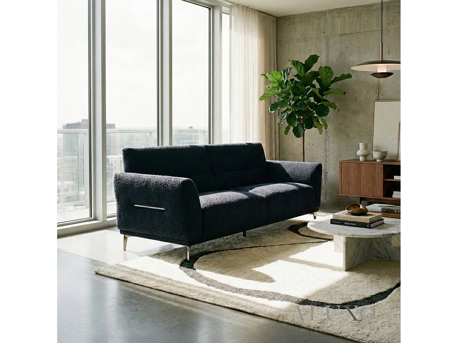 ALUXO Albany Modern 3 Seater Sofa Midnight Black Fabric Boucle Soft Couch Gold Trim