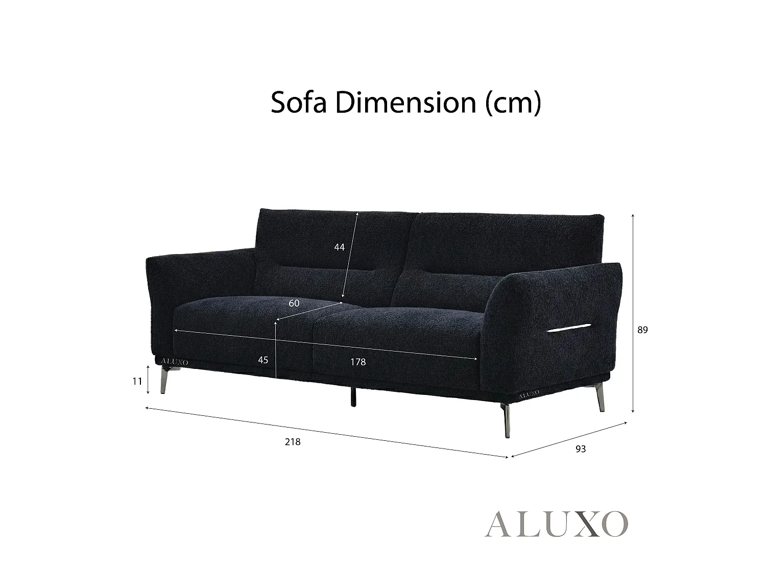 ALUXO Albany Modern 3 Seater Sofa Midnight Black Fabric Boucle Soft Couch Gold Trim