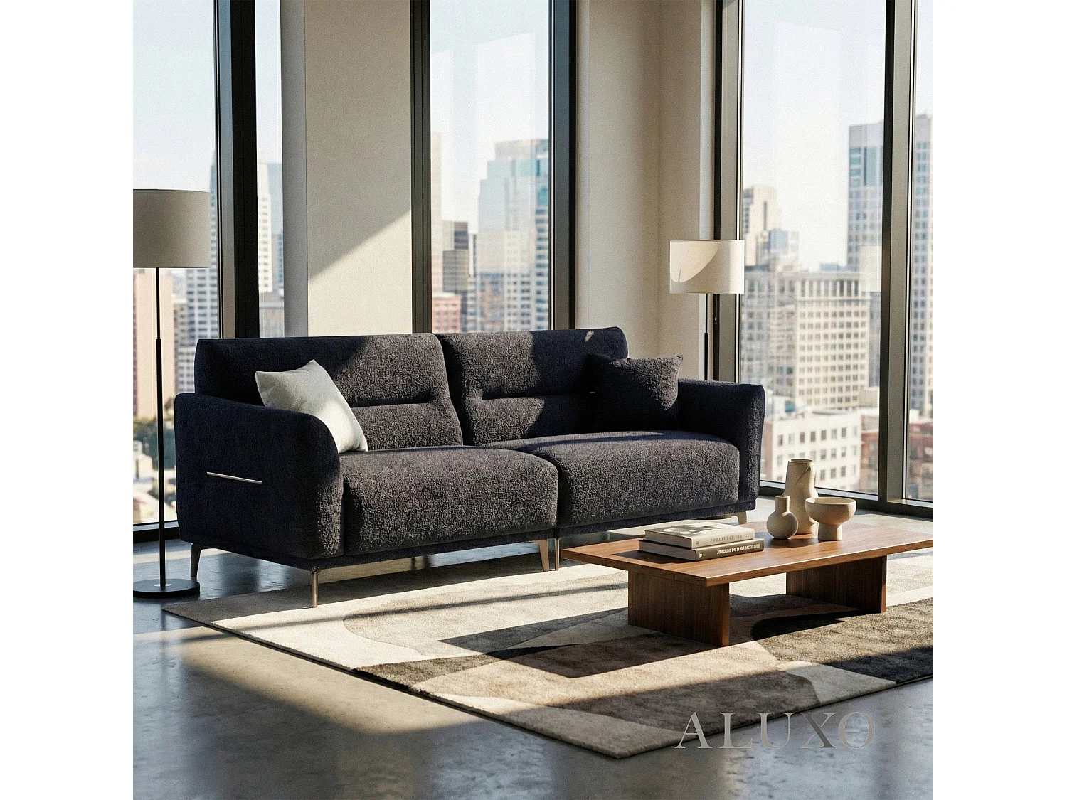 ALUXO Albany Modern 4 Seater Sofa Midnight Black Fabric Boucle Soft Couch Gold Trim