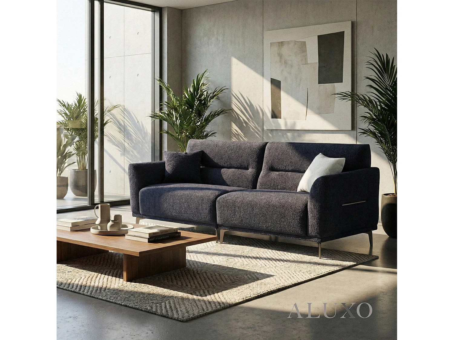 ALUXO Albany Modern 4 Seater Sofa Midnight Black Fabric Boucle Soft Couch Gold Trim