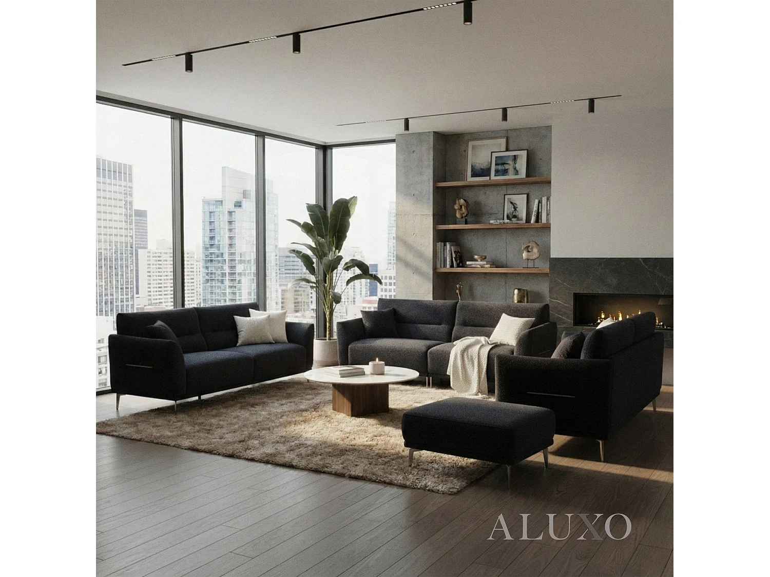 ALUXO Albany Modern 4 Seater Sofa Midnight Black Fabric Boucle Soft Couch Gold Trim