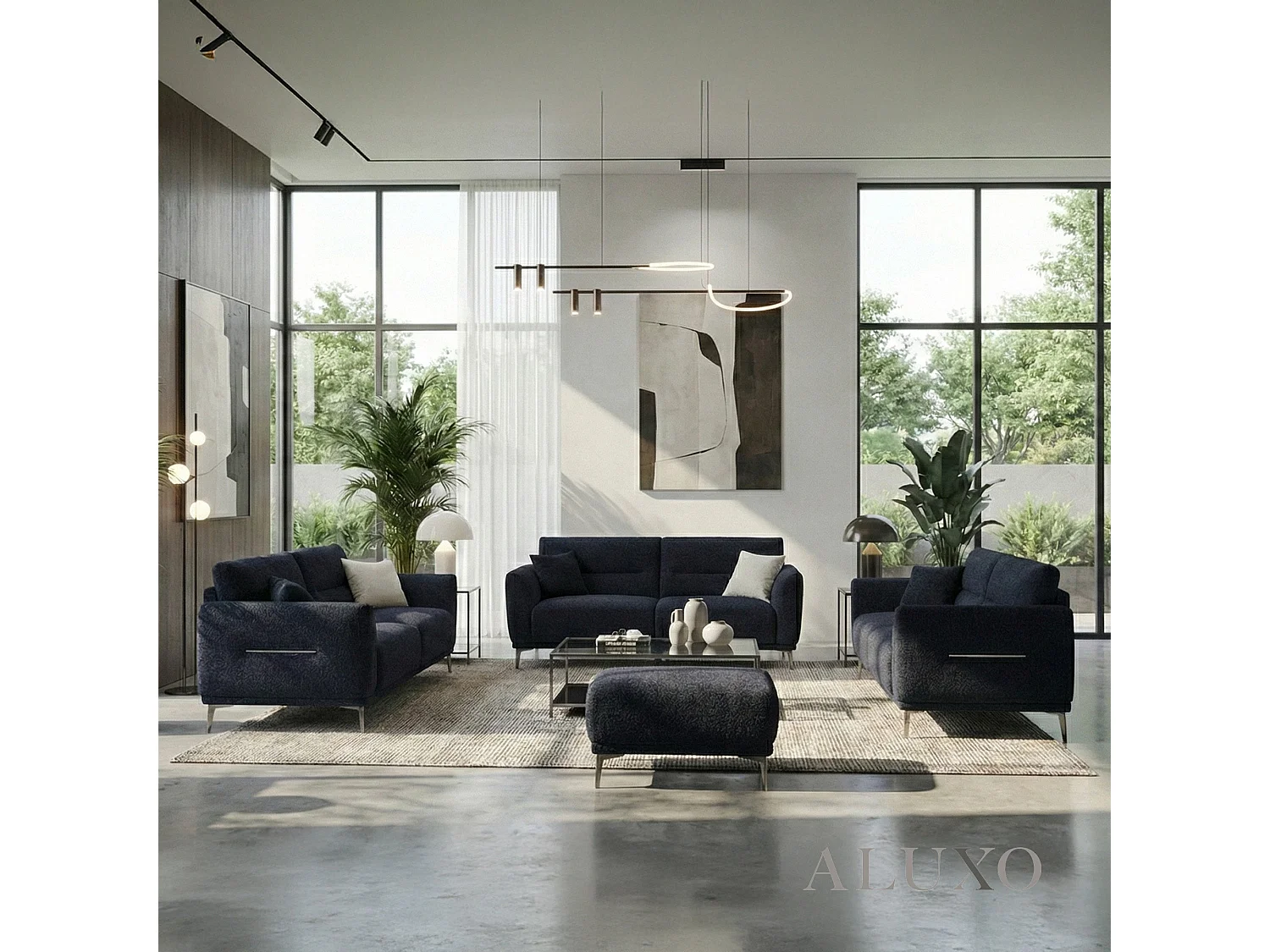 ALUXO Albany Modern 4 Seater Sofa Midnight Black Fabric Boucle Soft Couch Gold Trim