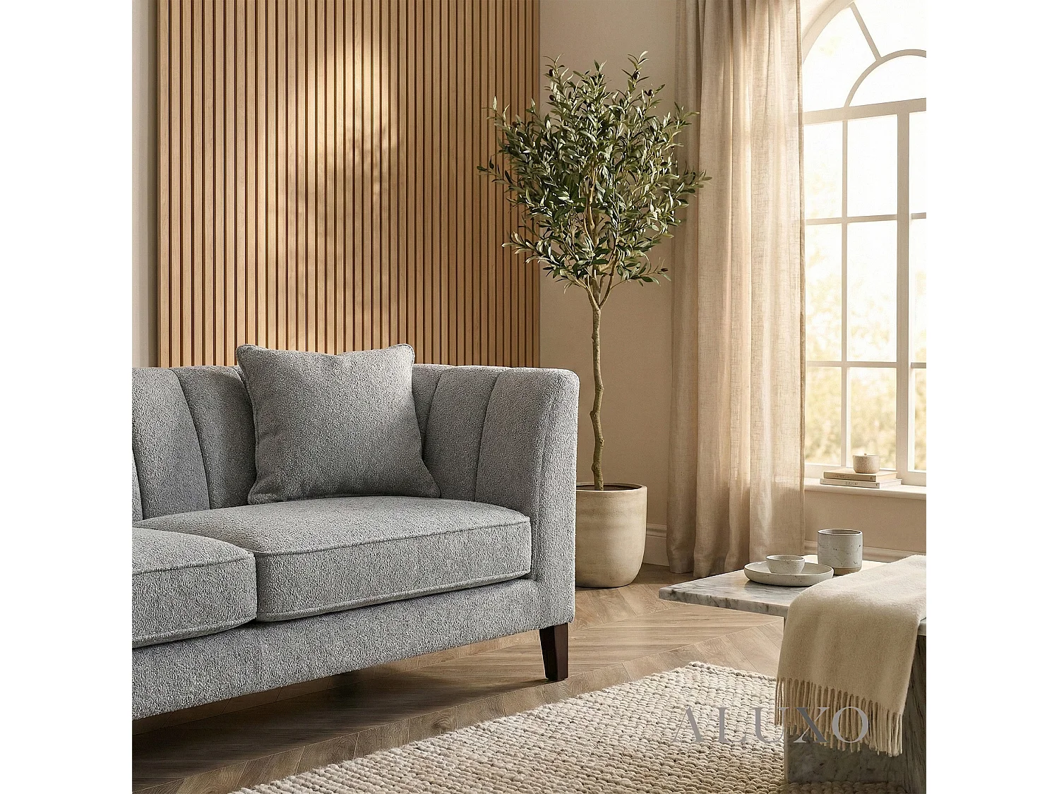 ALUXO Cooper Modern Boucle 3 Seater Sofa Dolphin Grey Medium Firm Deep Cushion