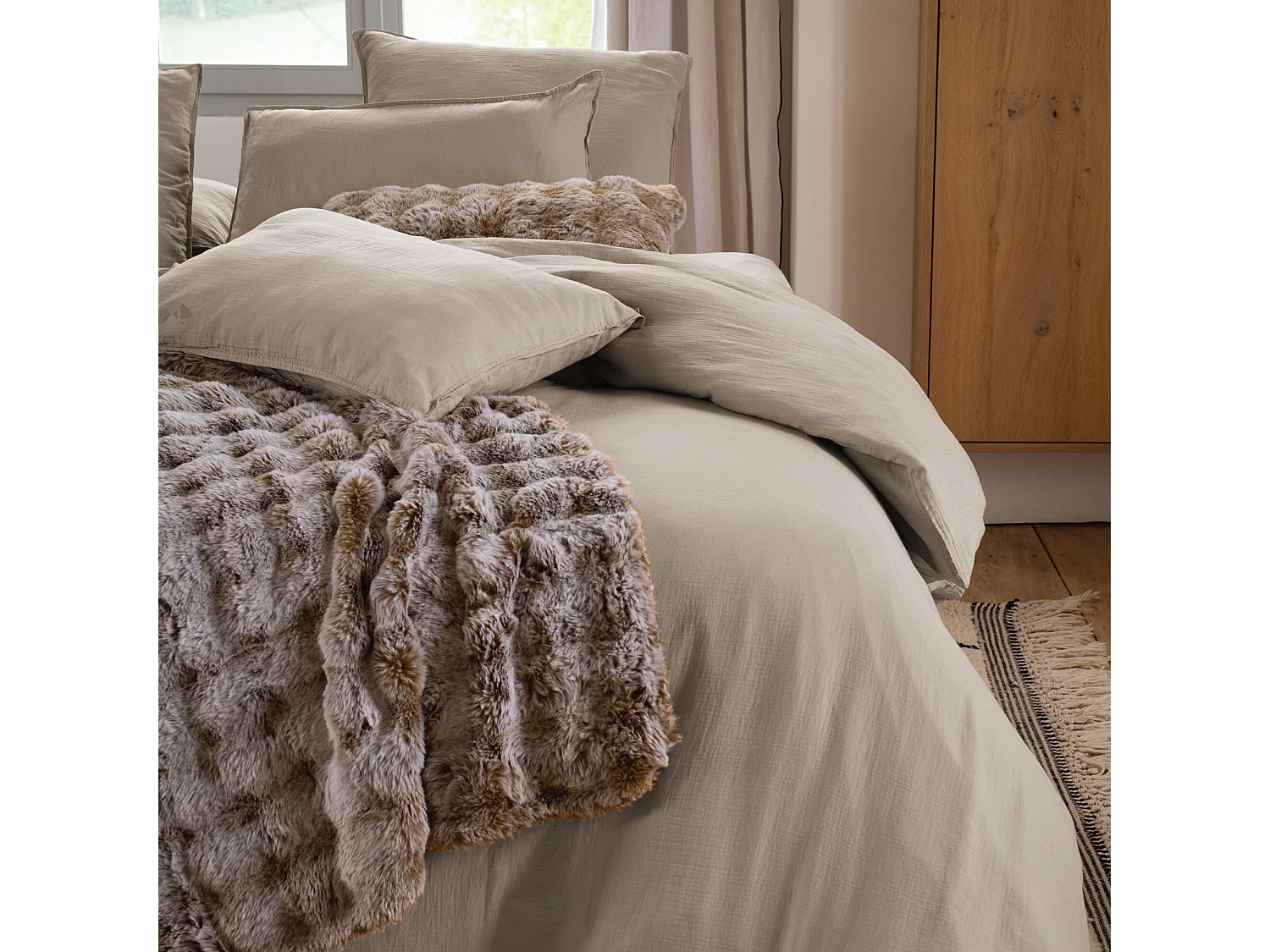 Drap plat 270x300 cm mousseline de coton MILOS beige chanvre