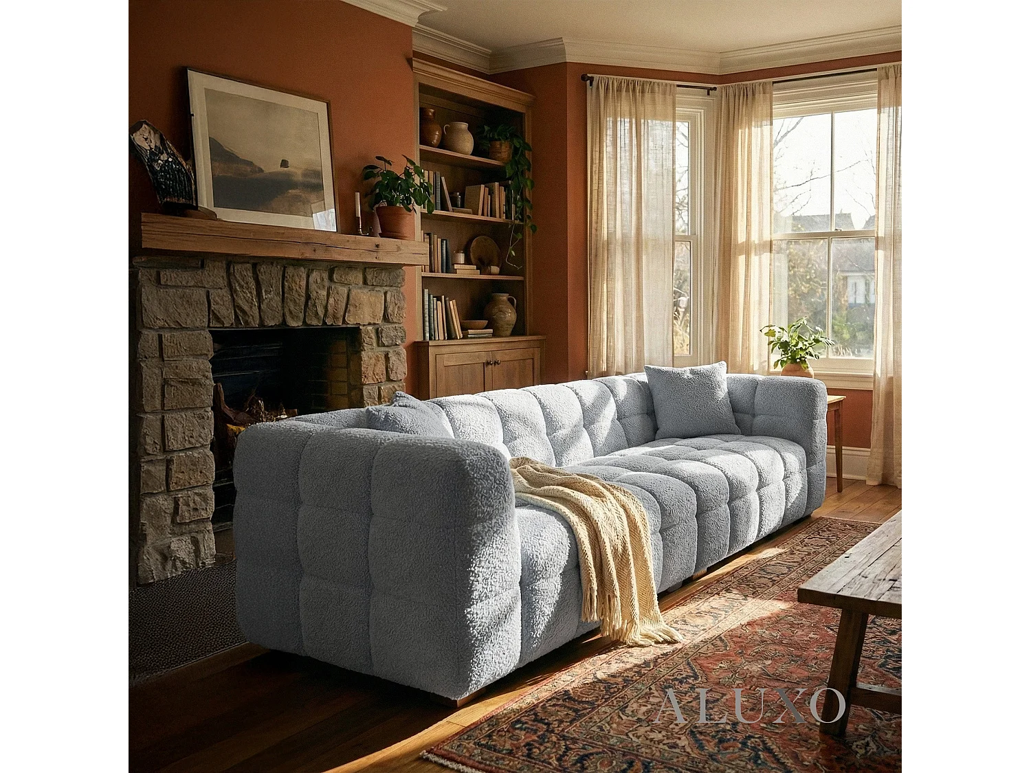 ALUXO Tribeca Modern 4 Seater Sofa Pearl Grey Boucle Cube Stitching Design