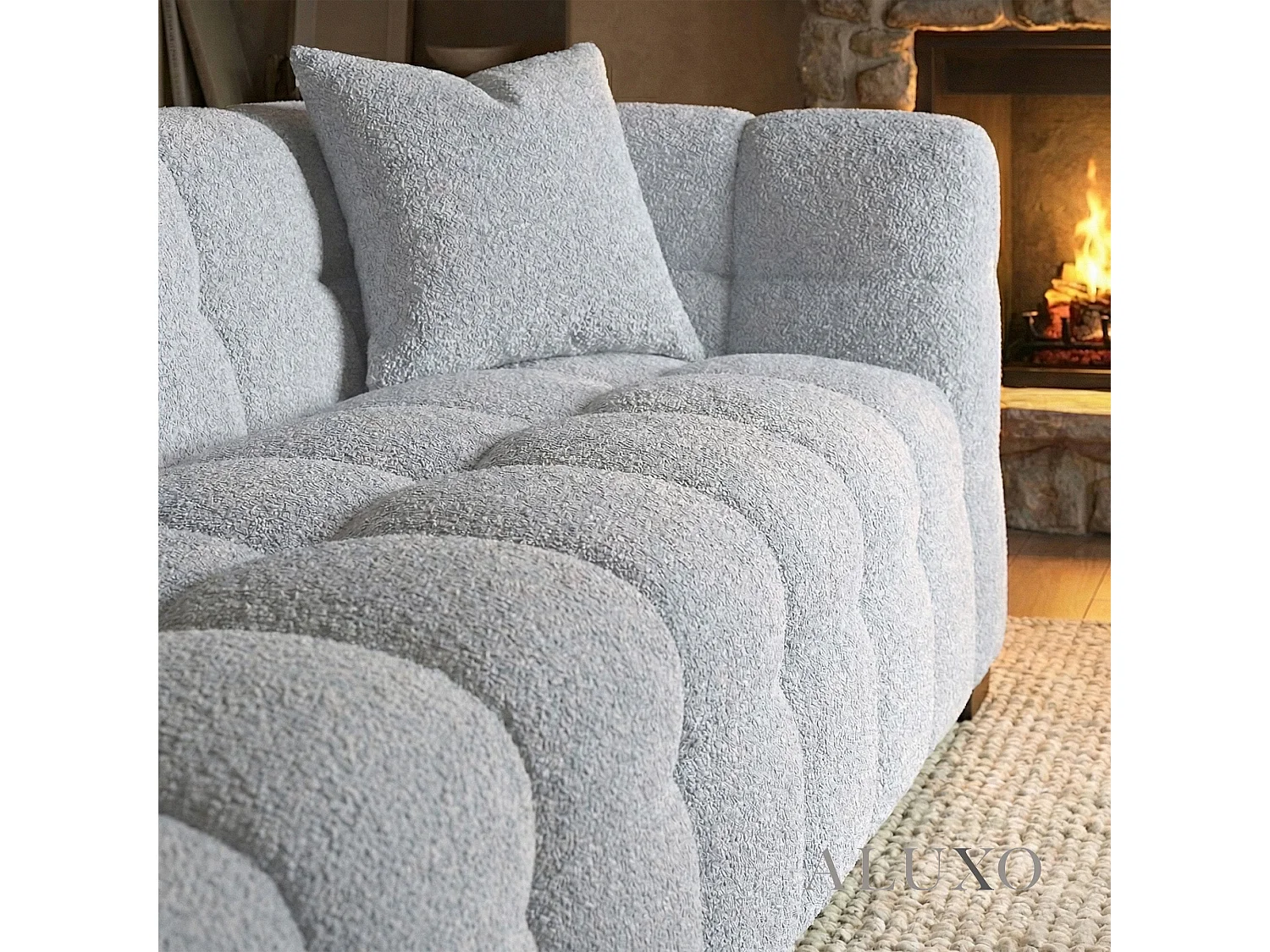 ALUXO Tribeca Modern 4 Seater Sofa Pearl Grey Boucle Cube Stitching Design