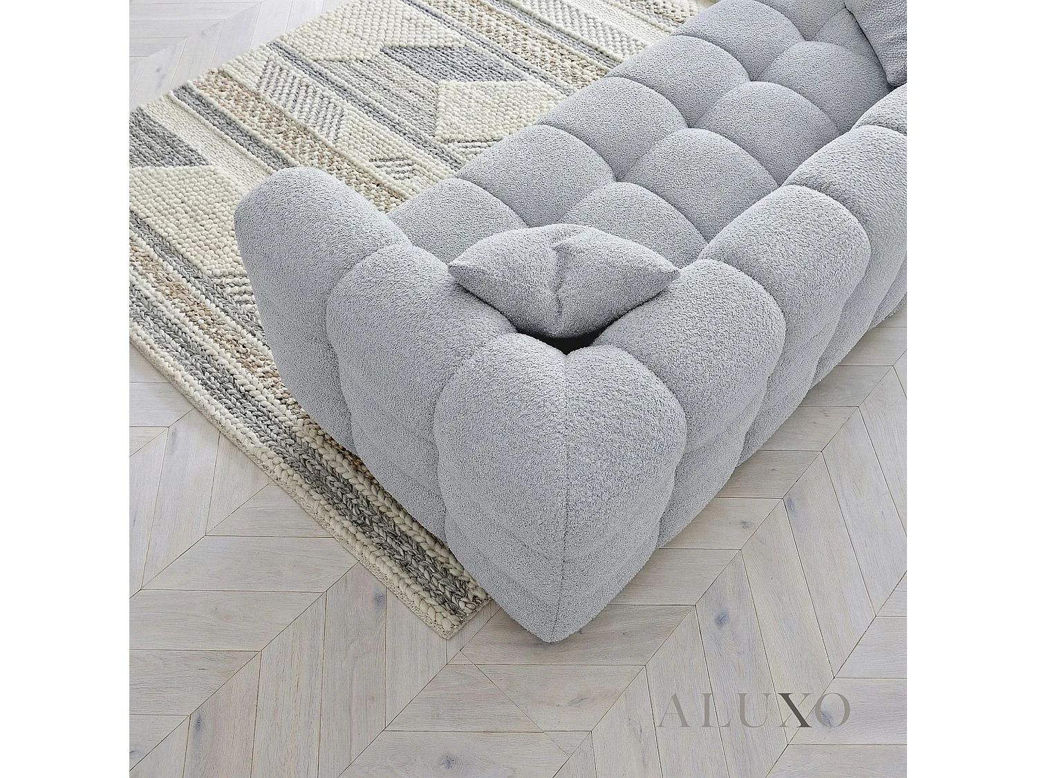 ALUXO Tribeca Modern 4 Seater Sofa Pearl Grey Boucle Cube Stitching Design