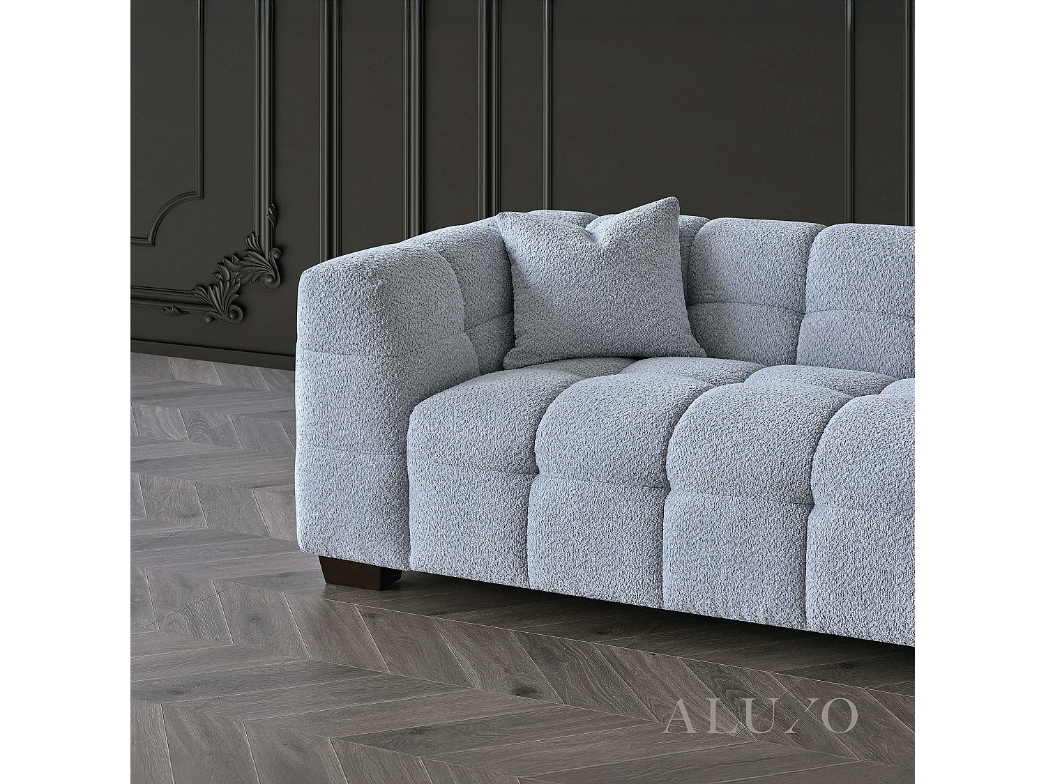 ALUXO Tribeca Modern 4 Seater Sofa Pearl Grey Boucle Cube Stitching Design