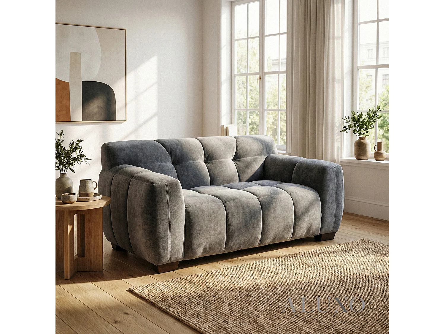 ALUXO Harlem 2 Seater Boucle Sofa Loveseat Grey Steel Medium 5 Year Warranty