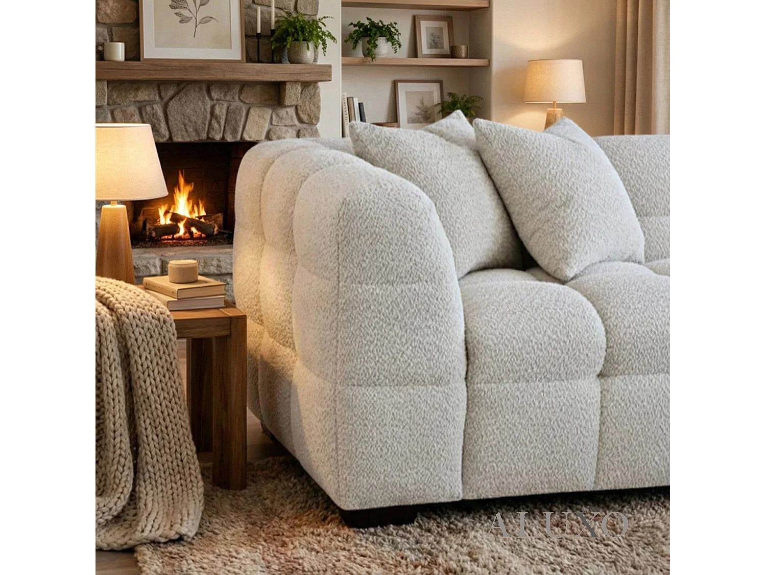 ALUXO Tribeca Modern Right Hand Corner Sofa L Shape Oatmeal Beige Boucle Cube