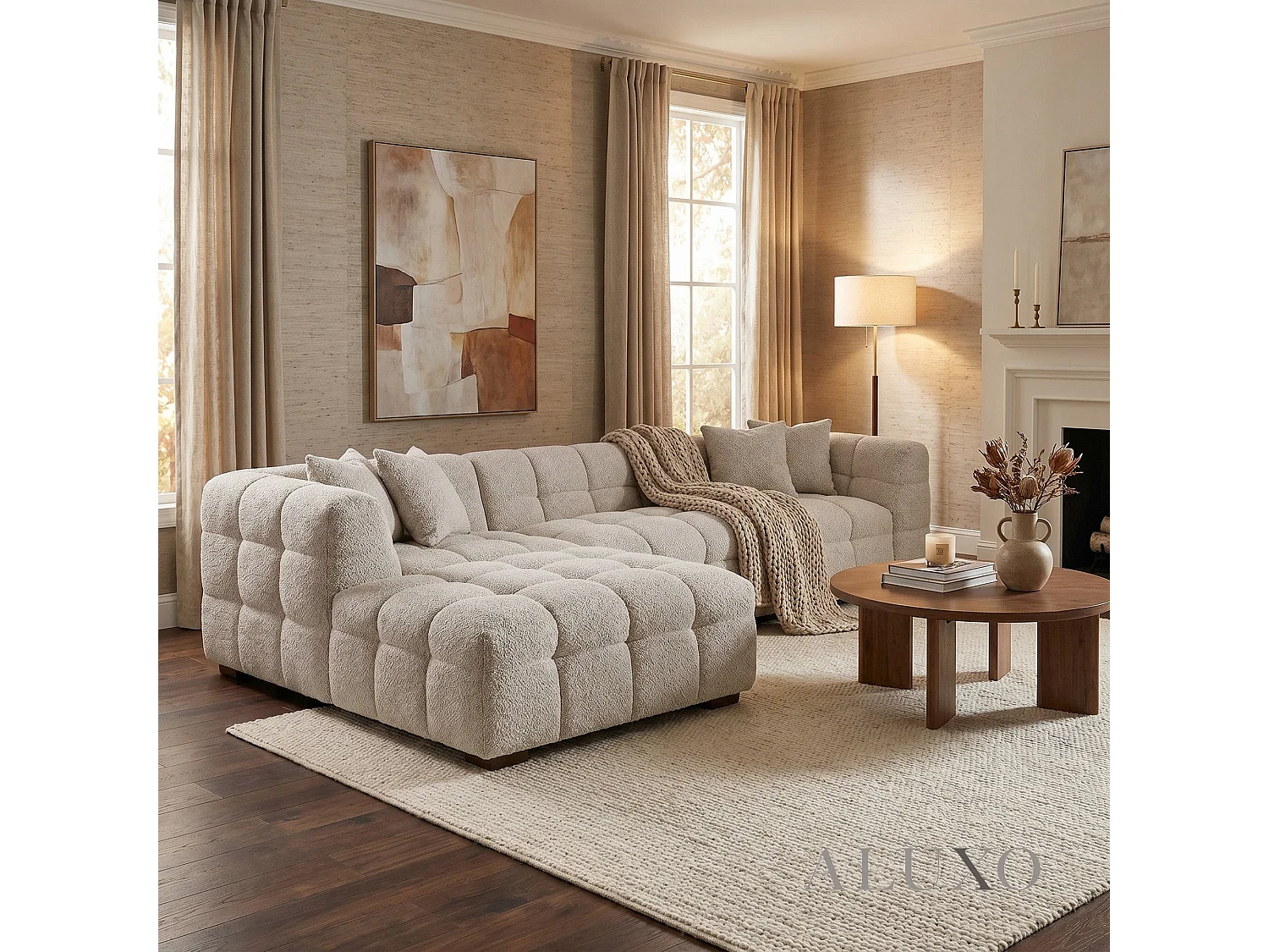 ALUXO Tribeca Modern Left Hand Corner Sofa L Shape Oatmeal Beige Boucle Cube