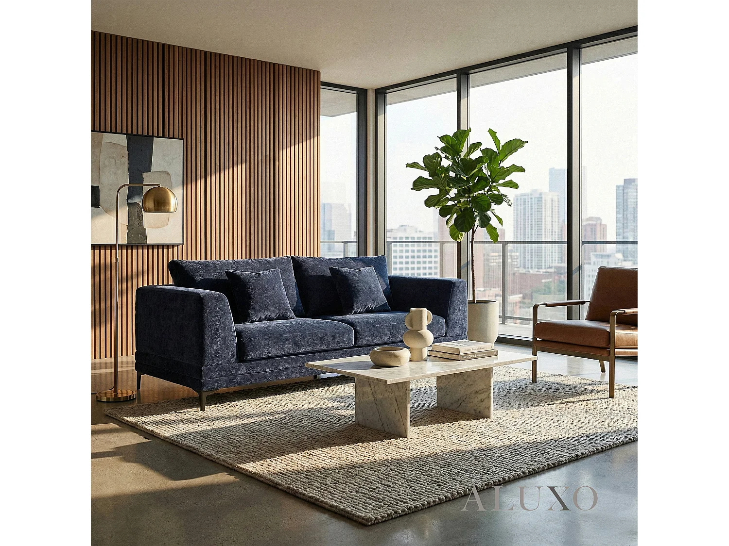 ALUXO Lenox Modern Boucle 3 Seater Sofa Blue Mermaid Velvet Medium Soft Cushion Couch