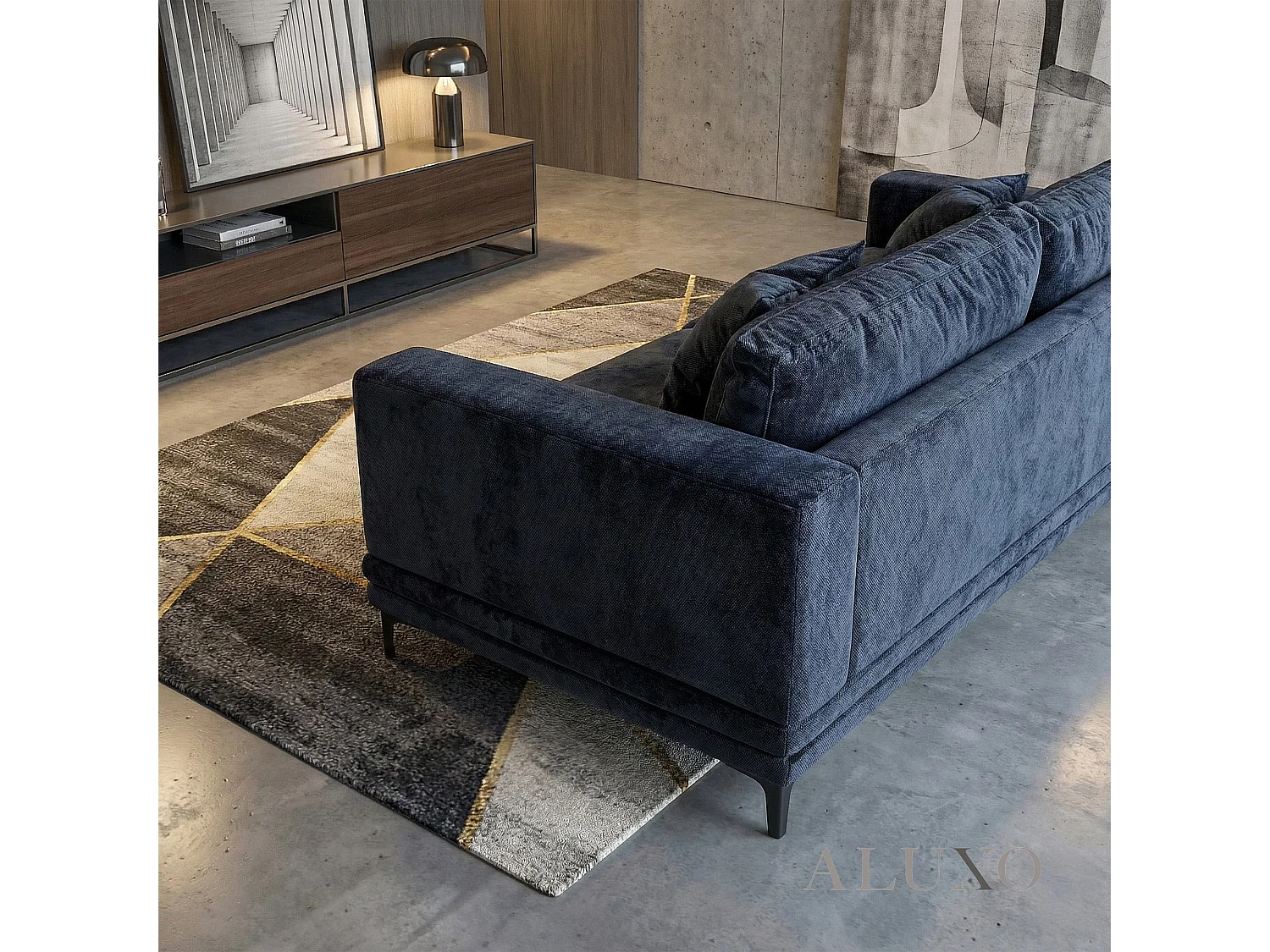 ALUXO Lenox Modern Boucle 3 Seater Sofa Blue Mermaid Velvet Medium Soft Cushion Couch