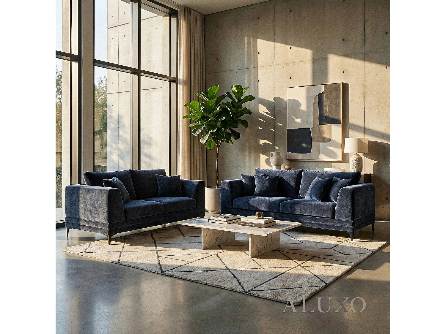 ALUXO Lenox Modern Boucle 3 Seater Sofa Blue Mermaid Velvet Medium Soft Cushion Couch