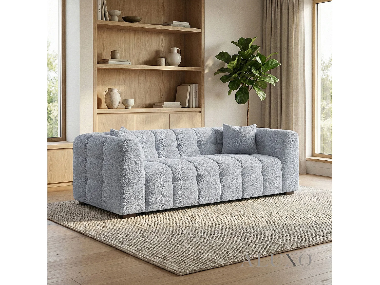 ALUXO Tribeca Modern 3 Seater Sofa Pearl Grey Boucle Cube Stitching Design
