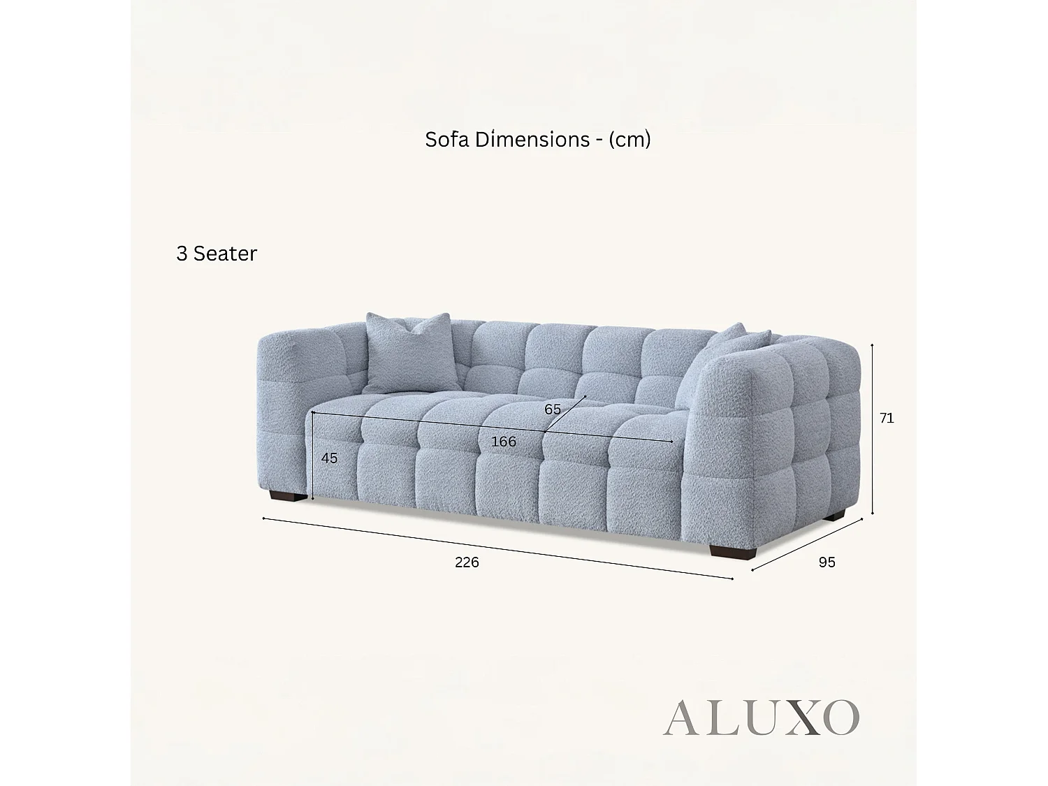 ALUXO Tribeca Modern 3 Seater Sofa Pearl Grey Boucle Cube Stitching Design