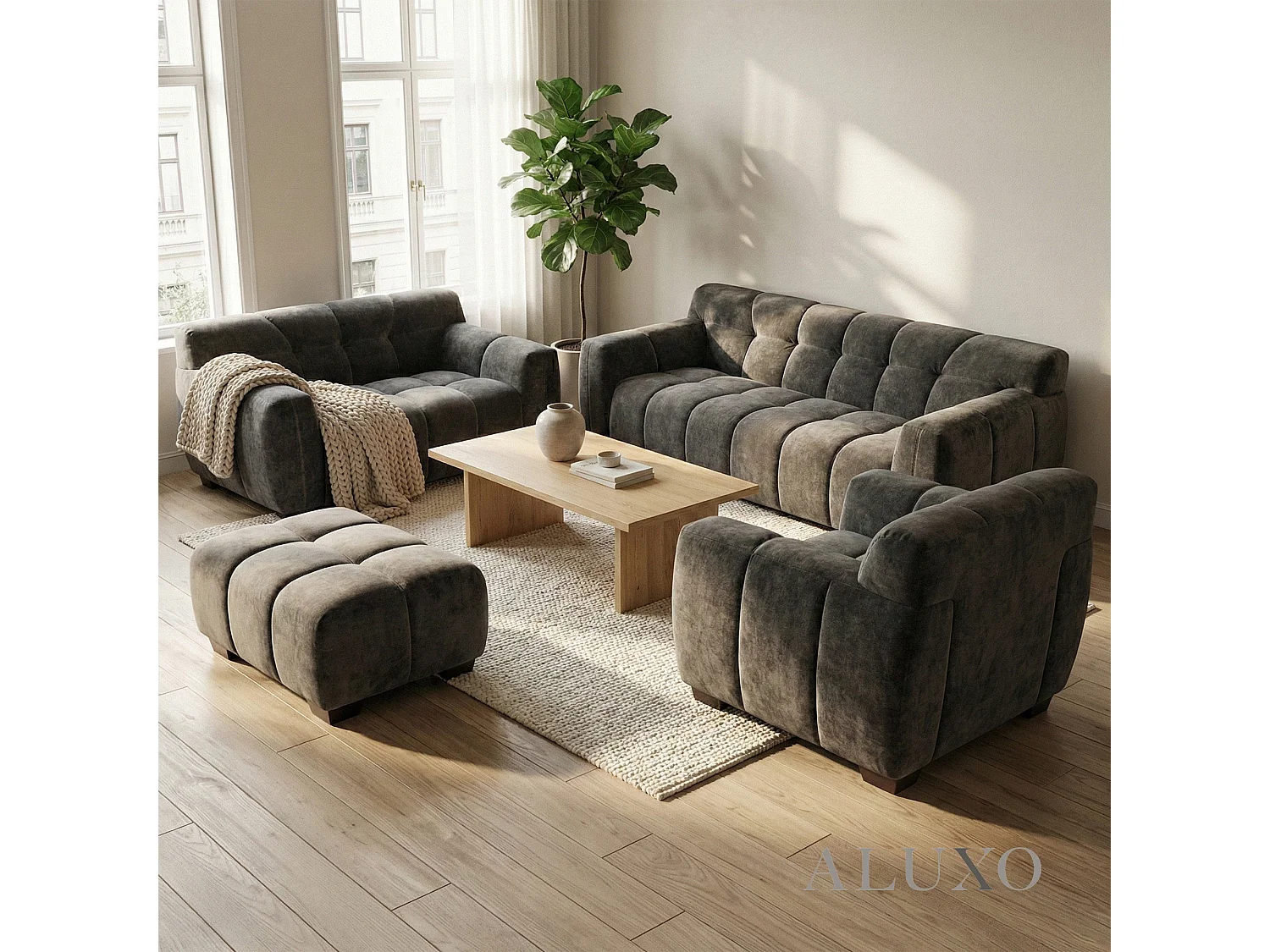 ALUXO Harlem 3 Seater Boucle Sofa Chocolate Velvet Deep Stitch 5 Year Warranty
