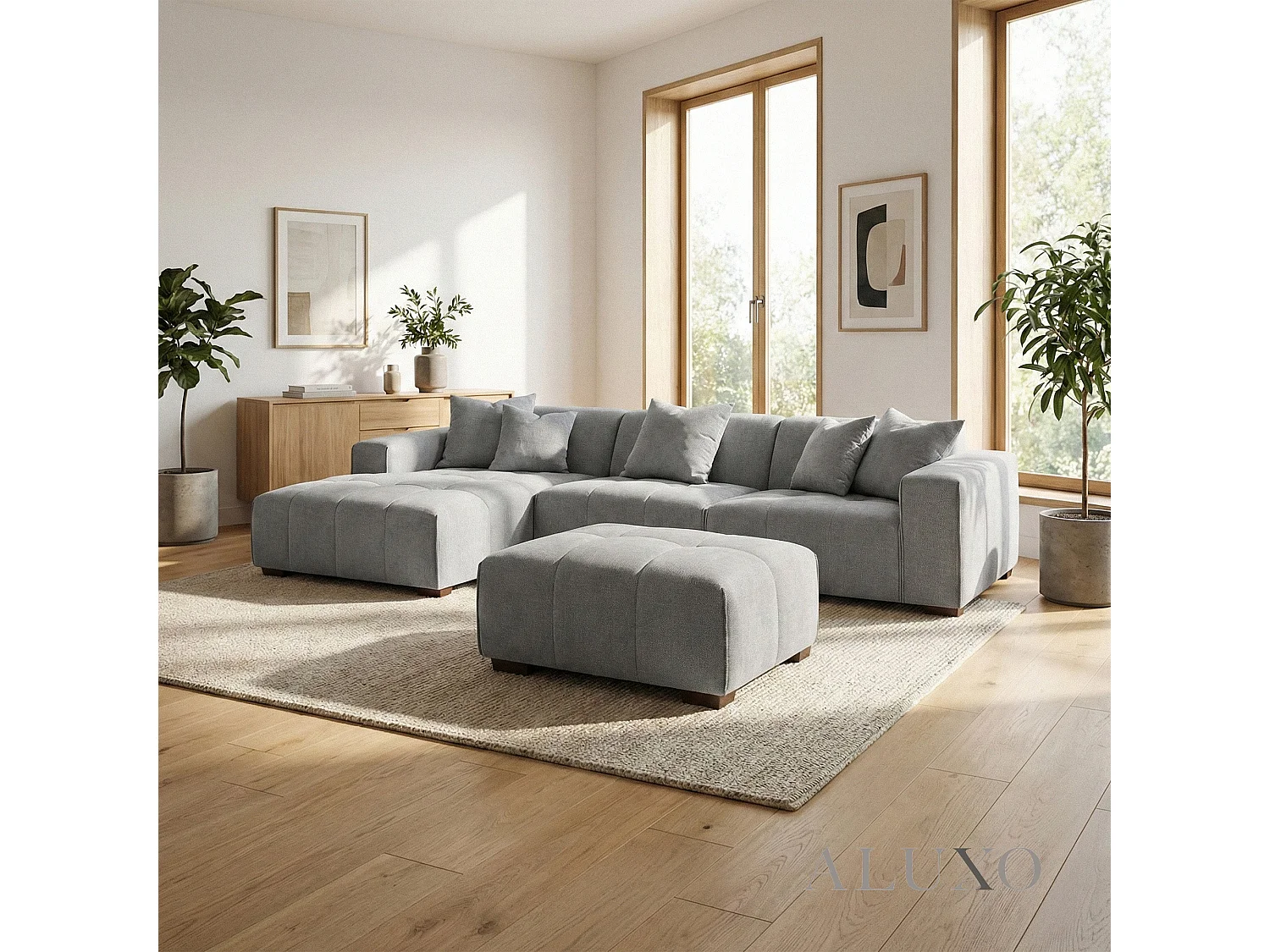 ALUXO Leonard Boucle Foot Stool Ottoman Chaise Cloudy Grey Medium for Match Sofa