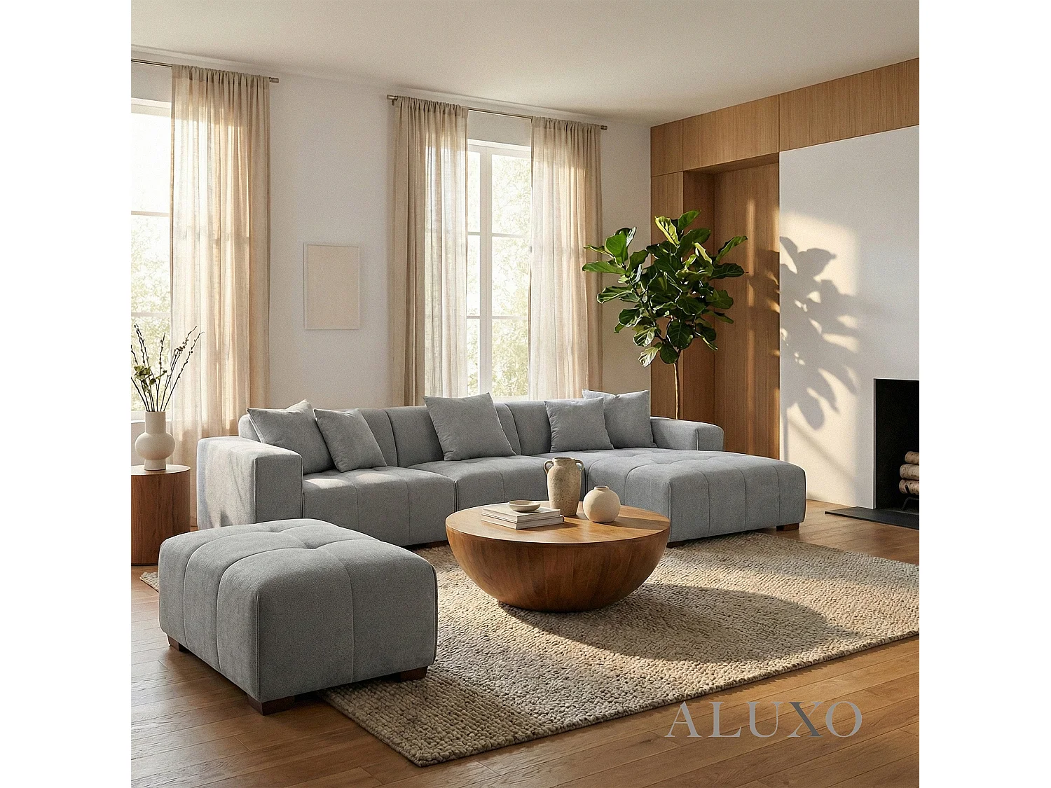 ALUXO Leonard Boucle Foot Stool Ottoman Chaise Cloudy Grey Medium for Match Sofa