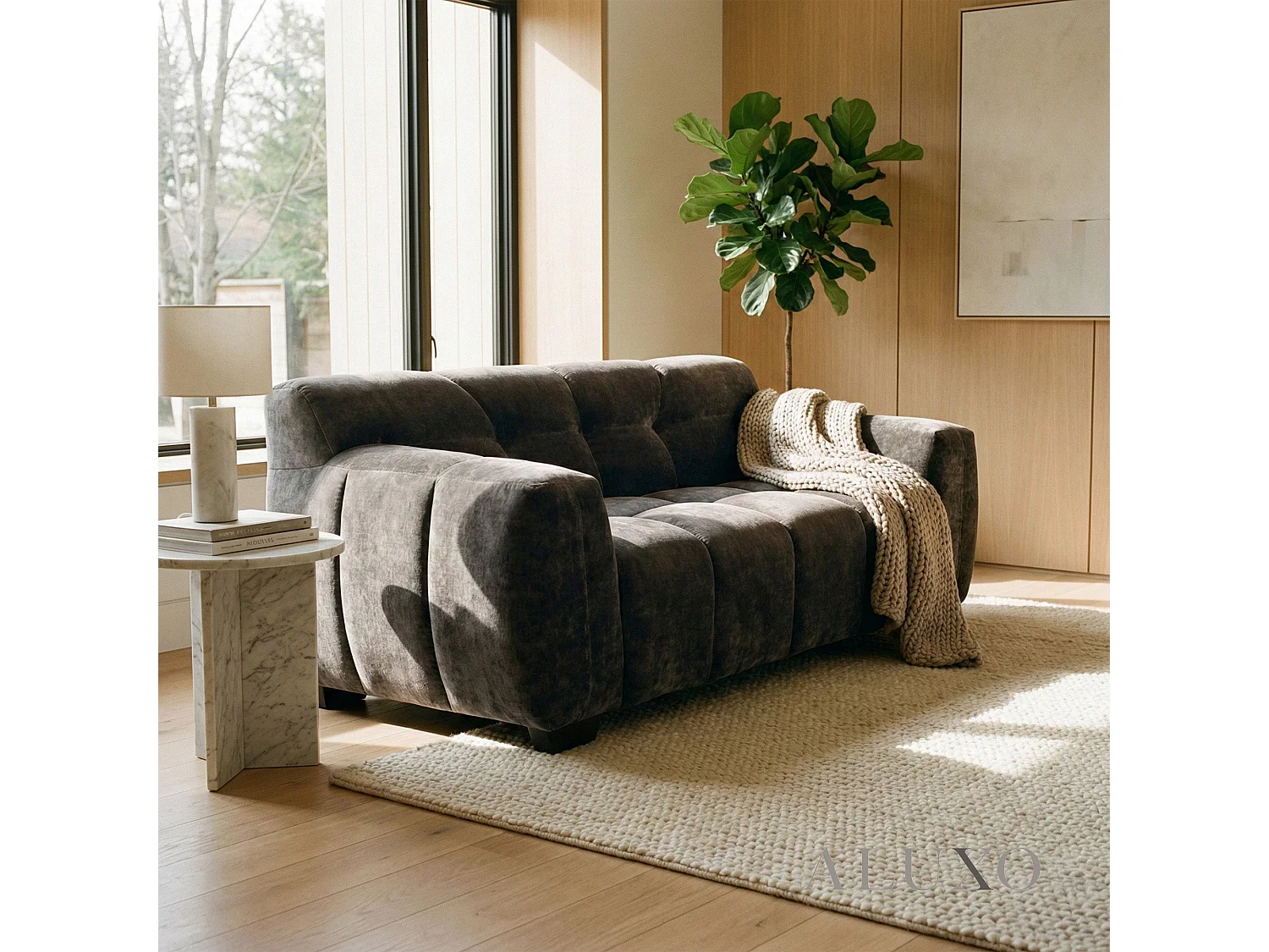 ALUXO Harlem 2 Seater Boucle Sofa Loveseat Chocolate Medium 5 Year Warranty