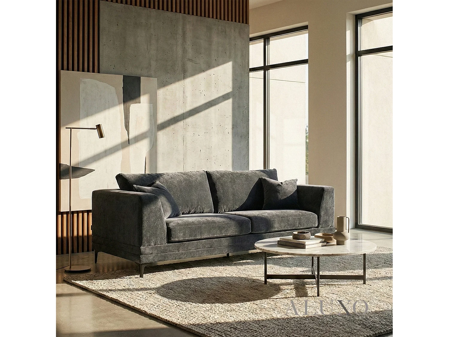 ALUXO Lenox Modern Boucle 3 Seater Sofa Steel Mermaid Velvet Grey Soft Deep Cushion Set