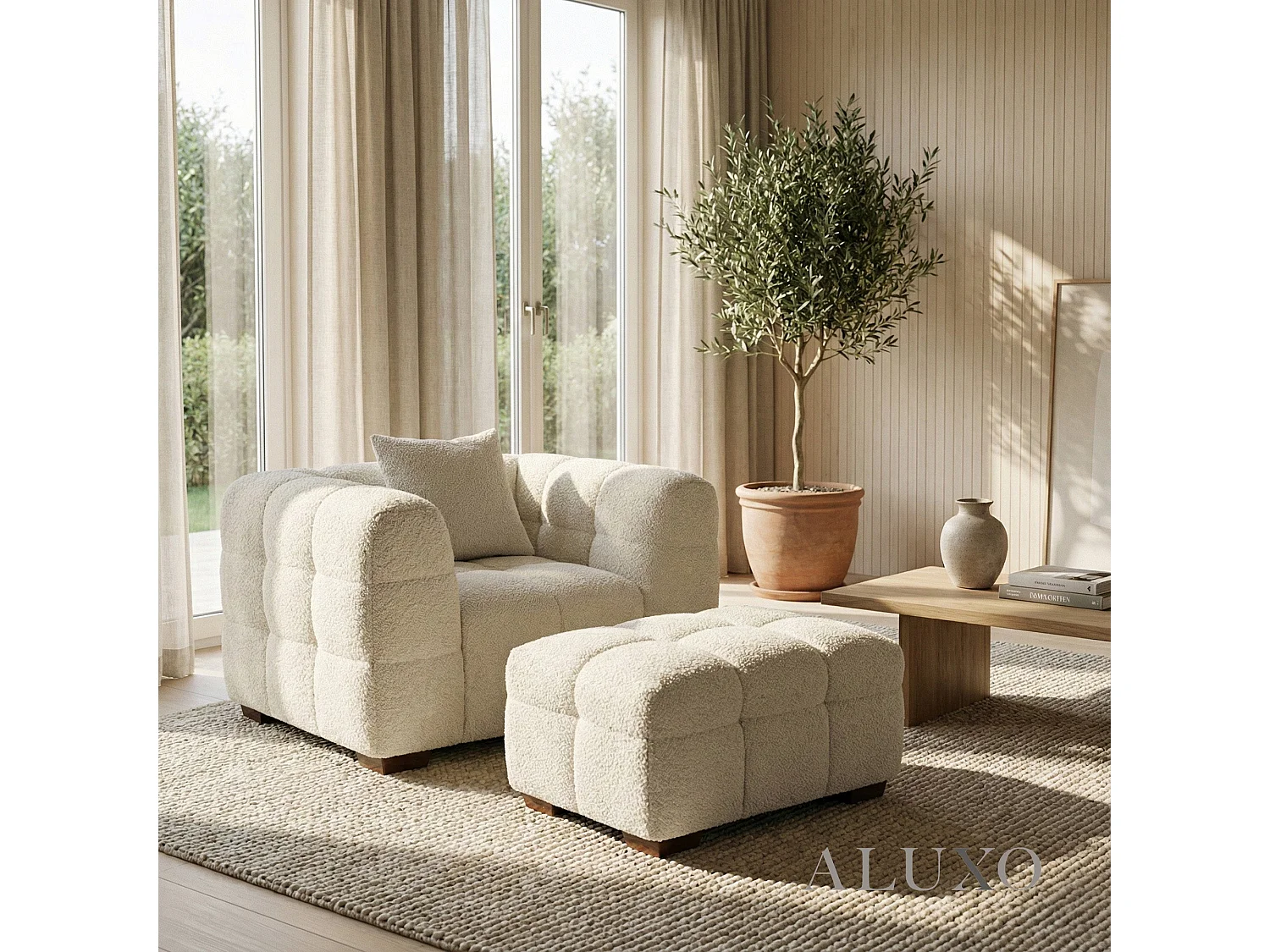 ALUXO Tribeca Foot Stool Chaise Oatmeal Beige Boucle Wood Leg for Matching Sofa
