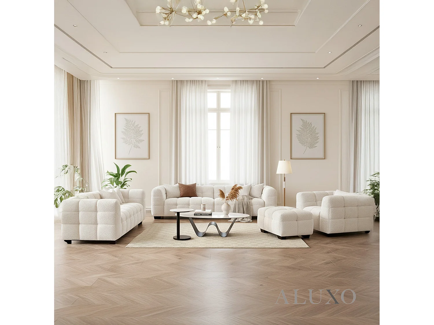 ALUXO Tribeca Foot Stool Chaise Oatmeal Beige Boucle Wood Leg for Matching Sofa