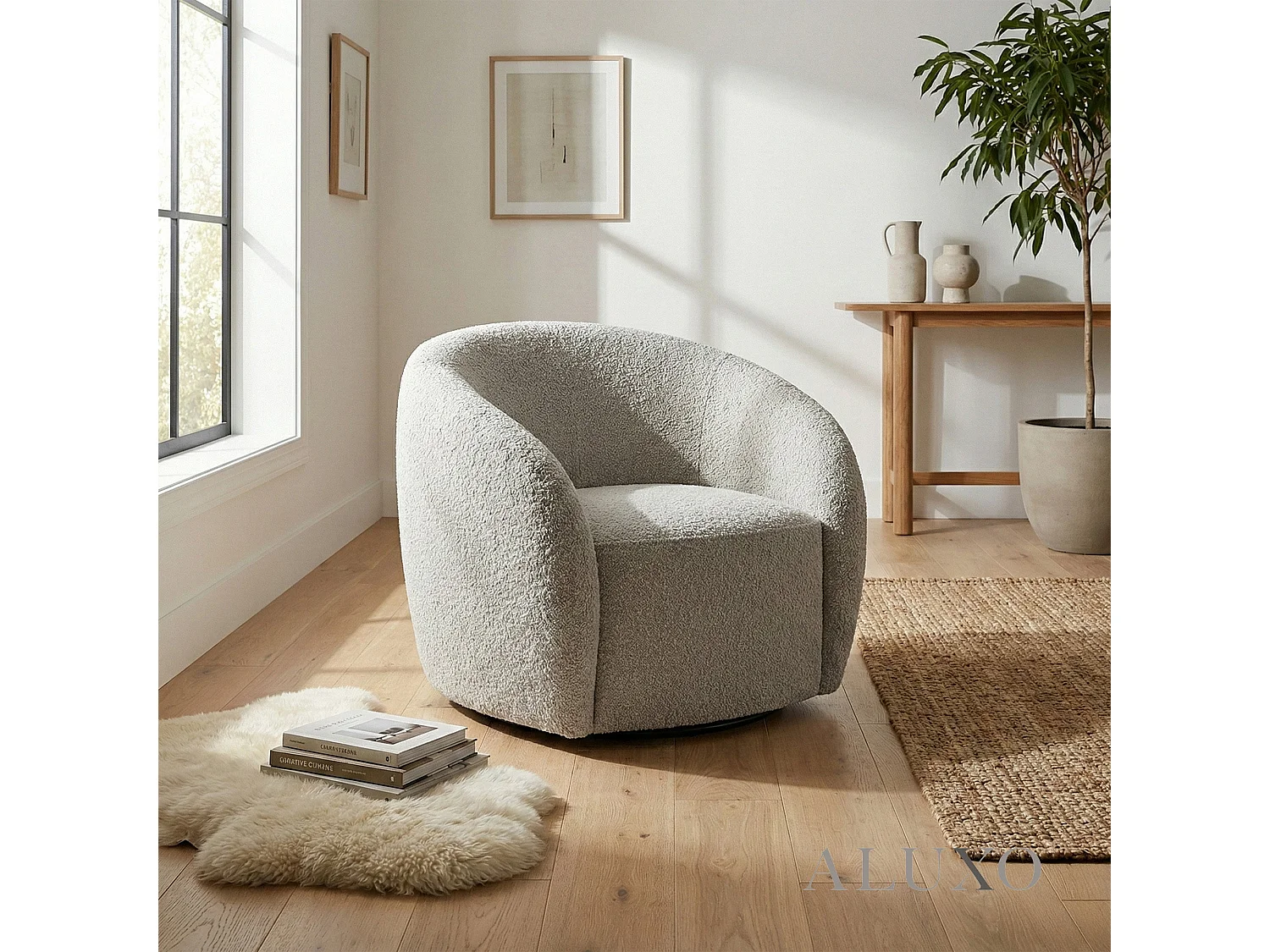 ALUXO Nolita Boucle Accent Swivel Arm Chair Koala Grey-Brown Teddy Medium Firm