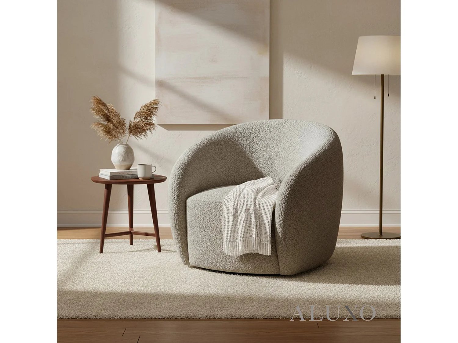 ALUXO Nolita Boucle Accent Swivel Arm Chair Koala Grey-Brown Teddy Medium Firm