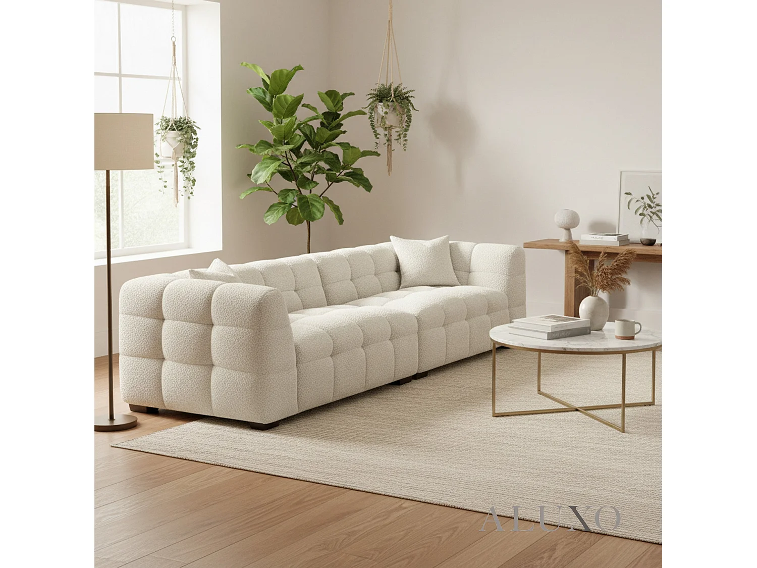 ALUXO Tribeca Modern 4 Seater Sofa Oatmeal Beige Boucle Cube Stitching Design