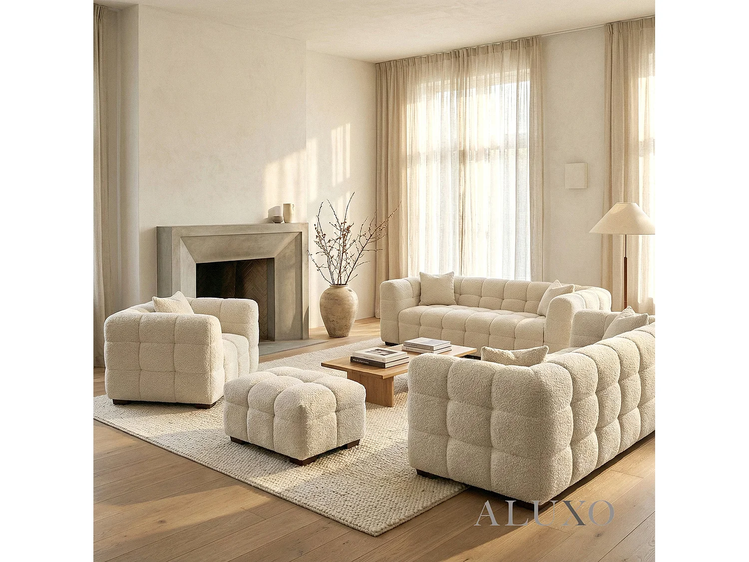 ALUXO Tribeca Modern 4 Seater Sofa Oatmeal Beige Boucle Cube Stitching Design