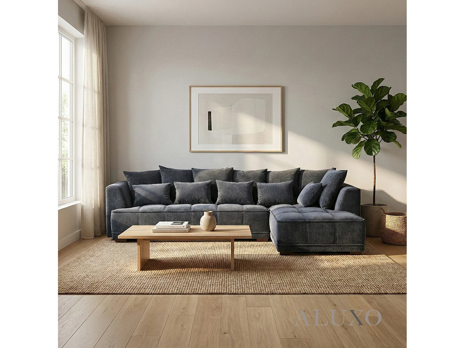 ALUXO Gramercy Modern Boucle Right Hand Corner Sofa L Steel Mermaid Velvet Grey Medium