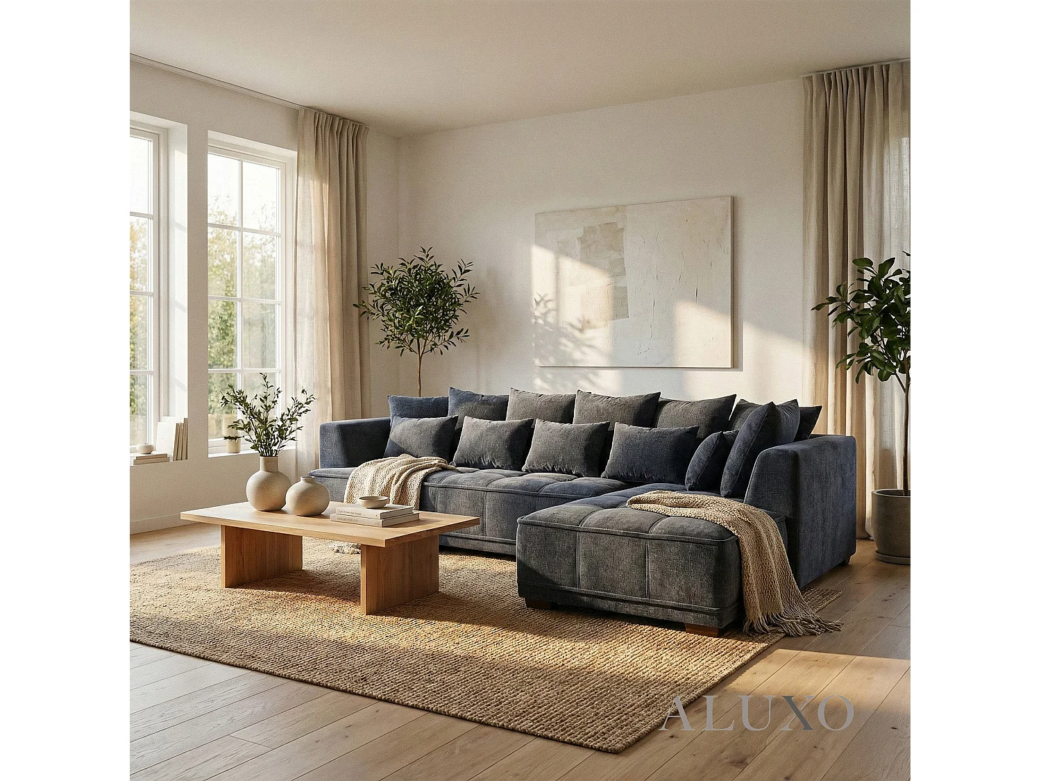 ALUXO Gramercy Modern Boucle Right Hand Corner Sofa L Steel Mermaid Velvet Grey Medium