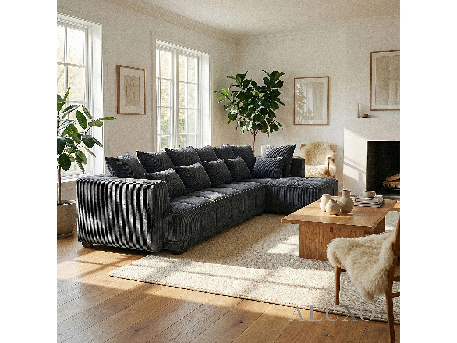 ALUXO Gramercy Modern Boucle Right Hand Corner Sofa L Steel Mermaid Velvet Grey Medium