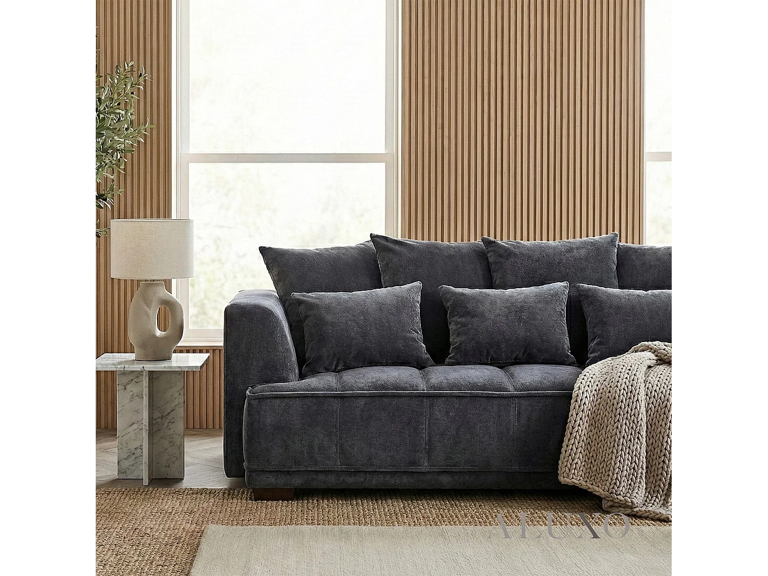 ALUXO Gramercy Modern Boucle Right Hand Corner Sofa L Steel Mermaid Velvet Grey Medium