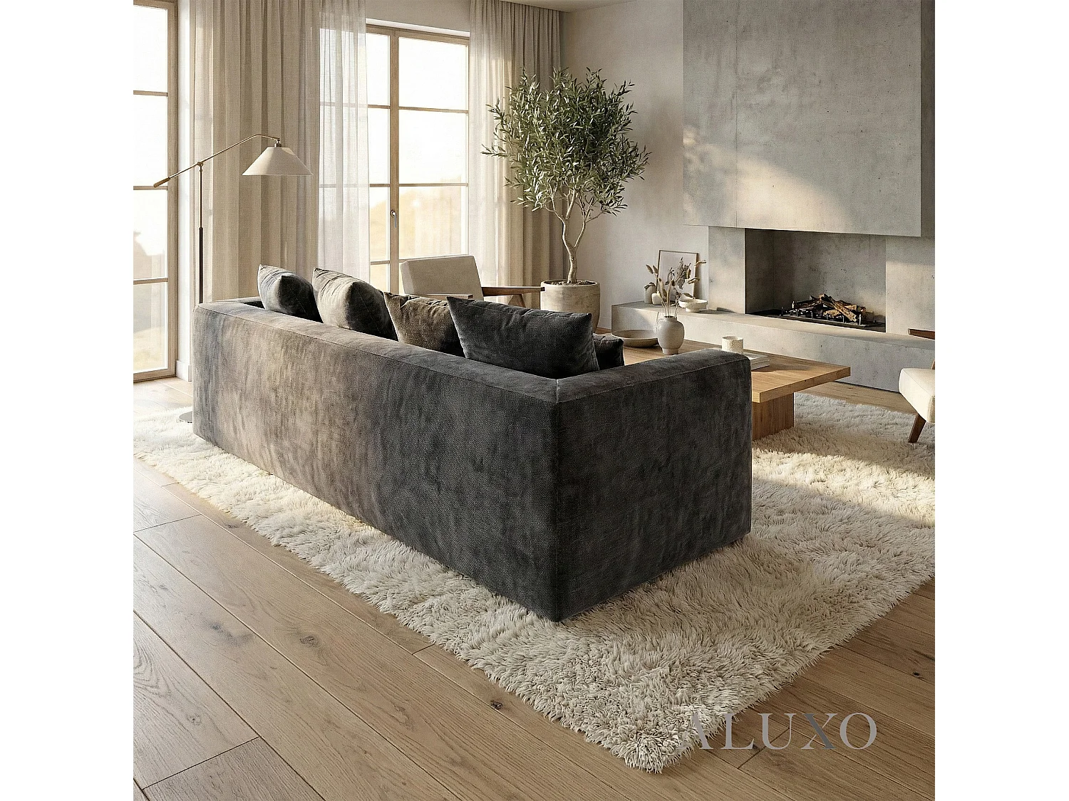 ALUXO Gramercy Modern Boucle Right Hand Corner Sofa L Steel Mermaid Velvet Grey Medium