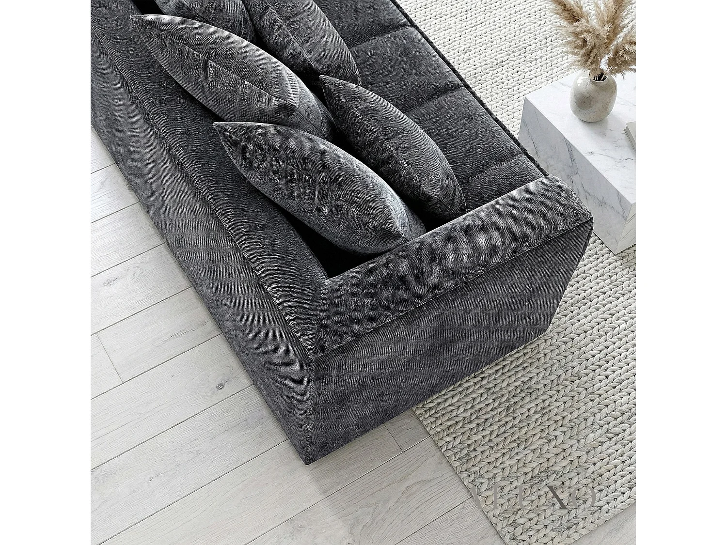ALUXO Gramercy Modern Boucle Right Hand Corner Sofa L Steel Mermaid Velvet Grey Medium