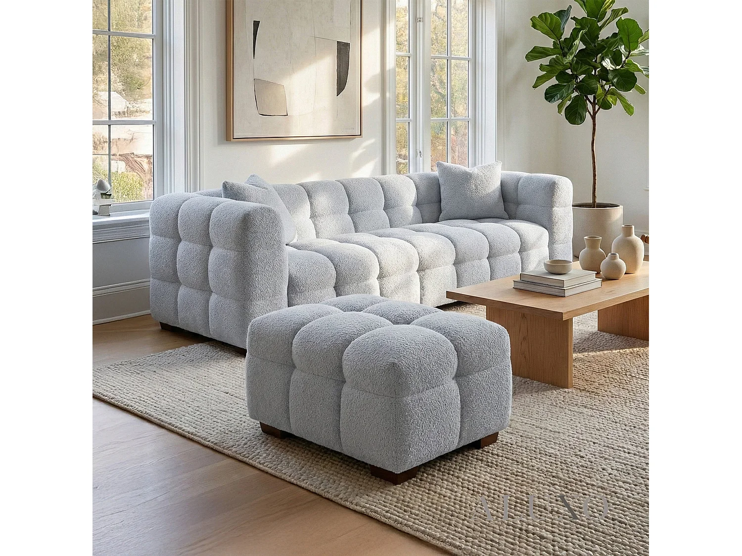 ALUXO Tribeca Modern Footstool Pearl Grey Boucle Cube Stitching Design