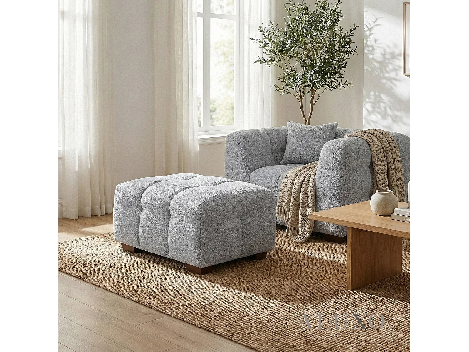 ALUXO Tribeca Modern Footstool Pearl Grey Boucle Cube Stitching Design