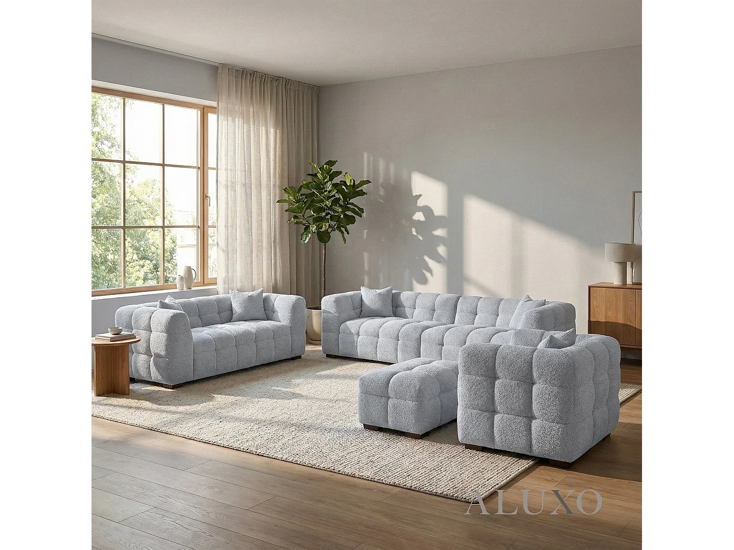 ALUXO Tribeca Modern Footstool Pearl Grey Boucle Cube Stitching Design