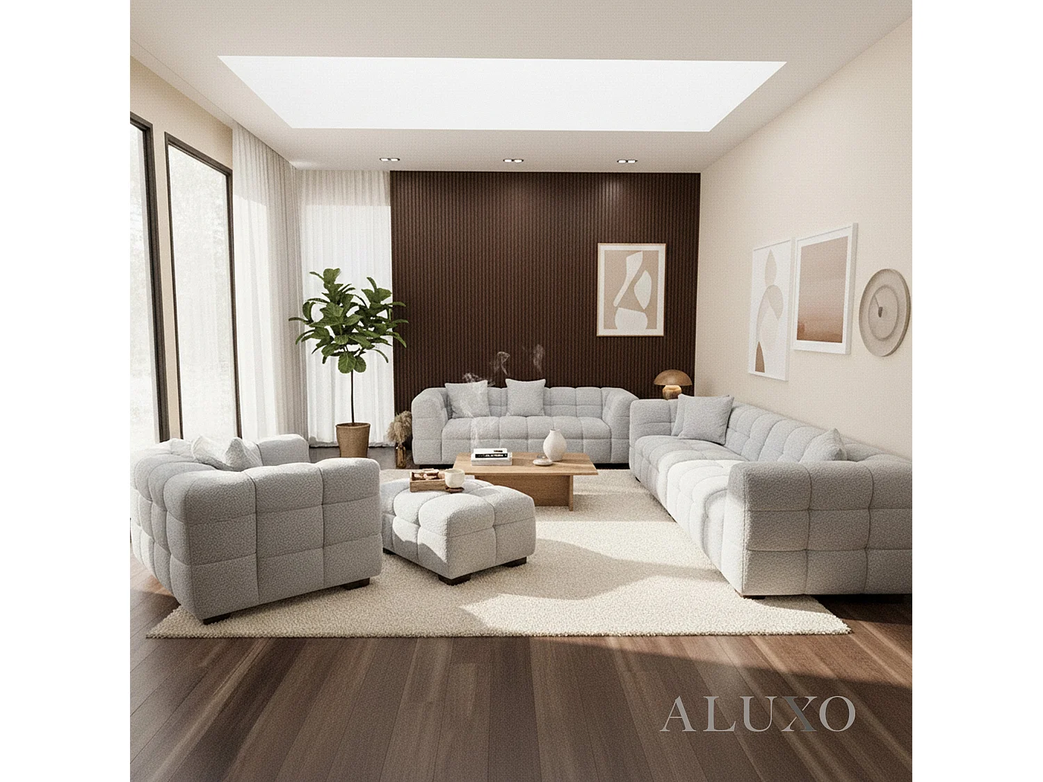 ALUXO Tribeca Modern Footstool Pearl Grey Boucle Cube Stitching Design