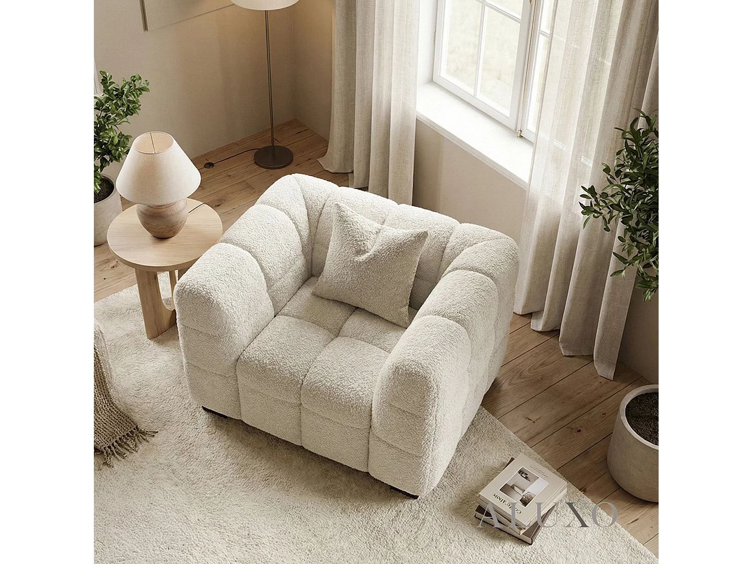 ALUXO Tribeca Single Sofa 1 Seater Arm Chair Lounge Oatmeal Beige Boucle Fabric