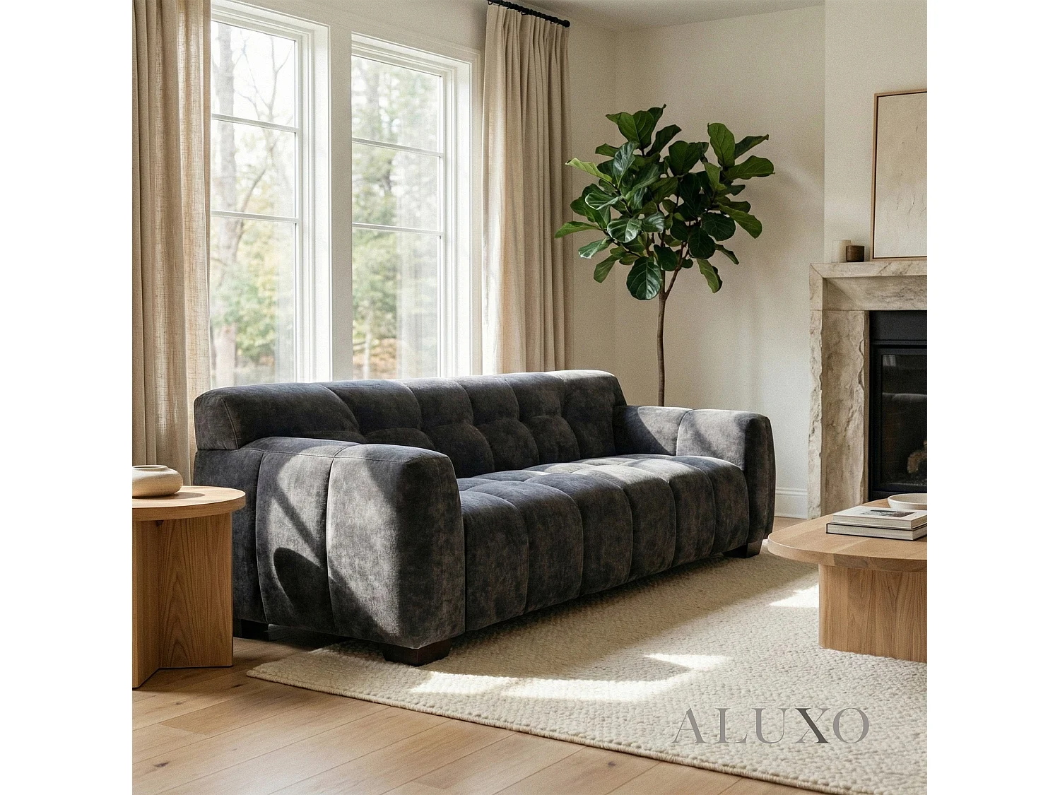 ALUXO Harlem 3 Seater Boucle Sofa Grey Steel Velvet Deep Stitch 5 Year Warranty