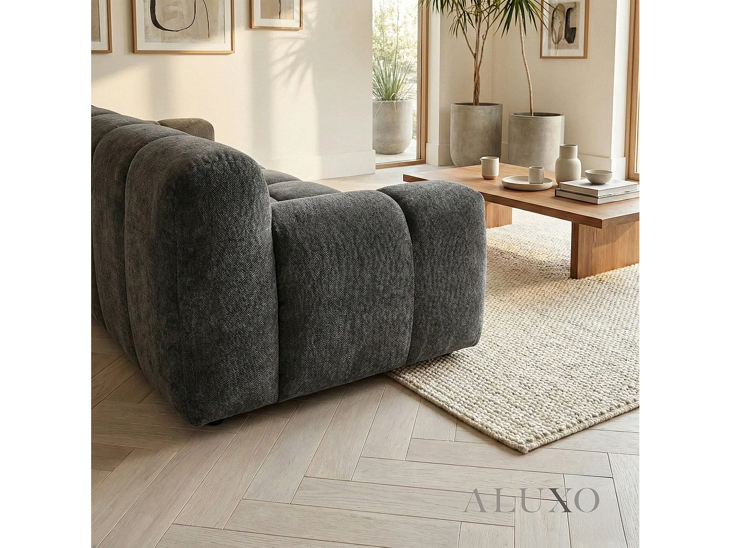 ALUXO Harlem 3 Seater Boucle Sofa Grey Steel Velvet Deep Stitch 5 Year Warranty